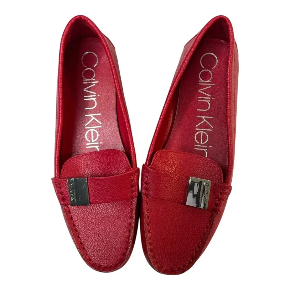 Calvin Kline Lisa Pebble Leather Look Loafers Rubber Soles Silvertone Hardware 8